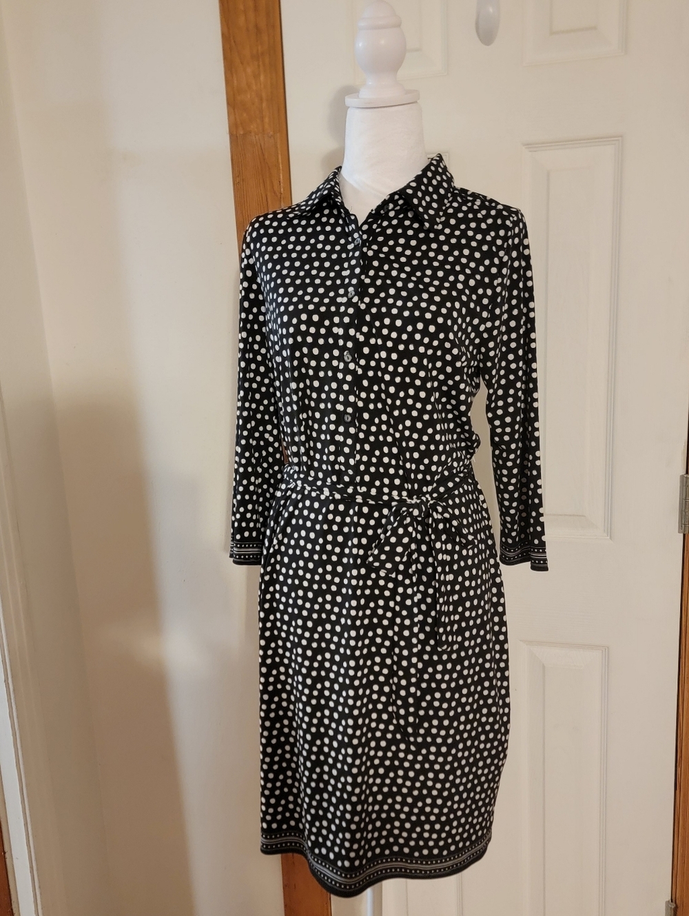 Max Studios Black White Polka Dot Jersey Knit Shirt Dress Button Front Large